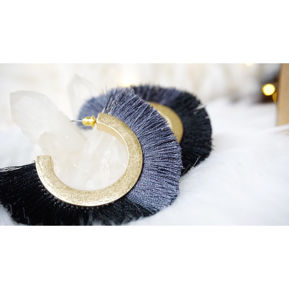 NEW! Black Charcoal Two Tone Tassel Hoop Earrings - Picture 5 of 10